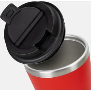 A red coffee cup with a silver base and a black lid. The cup is shown from an angle, showcasing the interior.