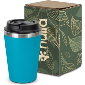 A drink bottle in vibrant blue, stainless steel rim, alongside a patterned packaging box.