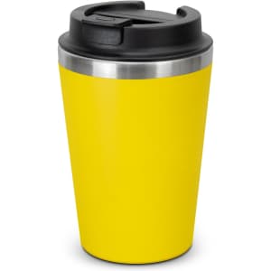A yellow coffee cup with a stainless steel rim and a black lid. The cup features a logo.