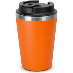An orange coffee cup with a stainless steel band and a black lid. The cup has a smooth finish and a secure top.