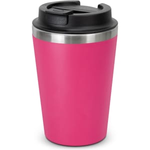 A drink bottle in bright pink with a black lid and stainless steel band, featuring a logo.