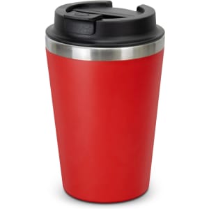 A red travel coffee cup with a black lid and a stainless steel band around the top.
