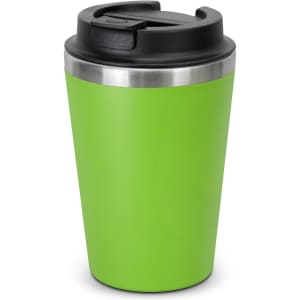 A green coffee cup with a stainless steel band and a black lid, featuring a simple design.