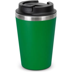 A green coffee cup with a stainless steel band and a black lid. It features a sealed top for easy drinking.