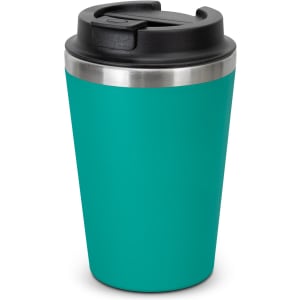 A teal coffee cup with a black lid and stainless steel band. It has a sleek, modern design and a branding logo.