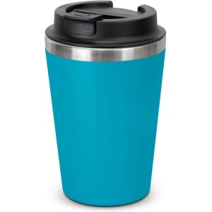 A drink bottle with a turquoise exterior and a black lid, featuring a stainless steel band.
