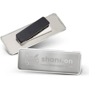 A metal name badge in silver and black, featuring a logo and a smooth surface for engraving.