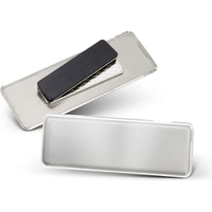 A metallic name badge featuring a silver finish with a black magnetic backing and an attached clip.