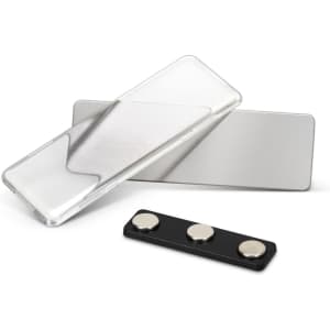 A metal name badge in silver and black with a clear cover and magnetic back attachment.
