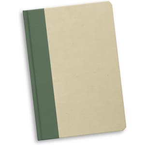 A notebook featuring a cream cover with a green spine. It includes a logo on the front.