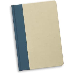 A beige notebook with a teal spine and a simple design, featuring a logo on the cover.
