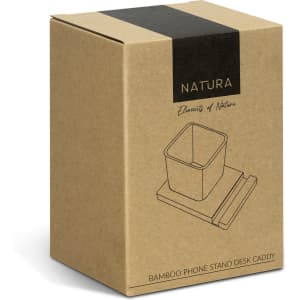 A brown cardboard box featuring a bamboo phone stand desk caddy with a simple design and a logo on the front.