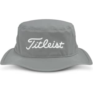 A grey bucket hat featuring a logo on the front and a wide brim for sun protection.
