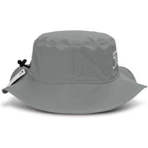 A grey bucket hat with a wide brim and an adjustable cord, featuring a logo on the side.
