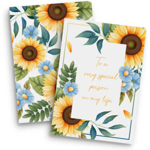 A4 Message Card featuring floral designs with sunflowers and blue flowers, in a mix of green and white colours.