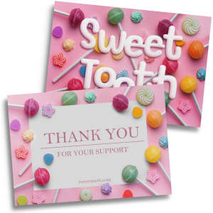 A5 message card featuring a pink background, decorated with colourful sweets and lollipops, and a logo.