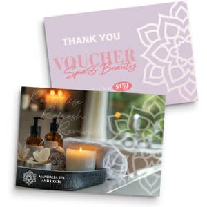 A6 message card featuring a lavender background with a floral design, showcasing spa products and a candle.