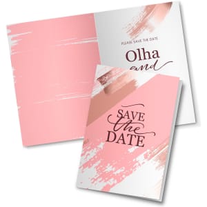 A5 greeting card featuring a pink and white design with brushstroke patterns, including text for "Save the Date."