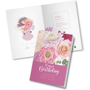 A6 greeting card featuring a floral design in pink and pastel colours, with a birthday message and an inside note.