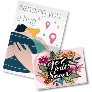 Two A7 greeting cards; one features an illustration of a hug, the other has floral designs with "get well soon" text.