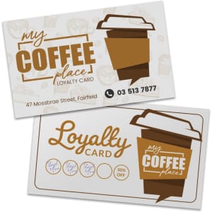 A loyalty card featuring a coffee cup design in brown and white with space for stamps or stickers.