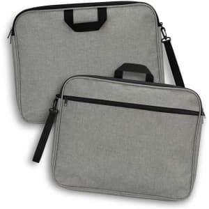 A grey satchel with a handle and shoulder strap, featuring a front zip pocket and branding logo.