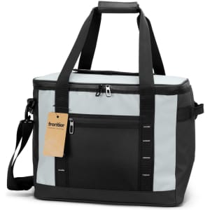 A cooler bag in light blue and black with a zippered main compartment and a front pocket. It has dual handles and a shoulder strap.