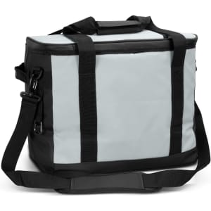 A cooler bag in grey and black, featuring handles and a shoulder strap for easy carrying.