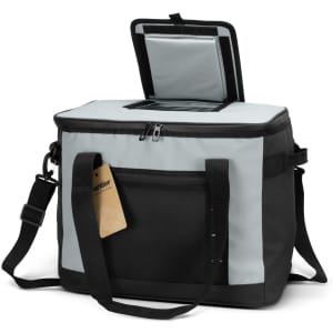 A frontier cooler bag in grey and black, featuring a zippered closure and a shoulder strap. It's designed for easy transport.