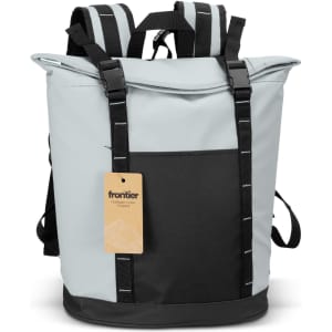 A grey and black cooler toting backpack with adjustable straps and a tag attached.