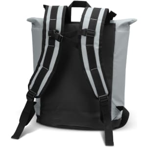 A cooler totepac in light green and black, featuring adjustable straps and a roll-top design. It also has a logo.
