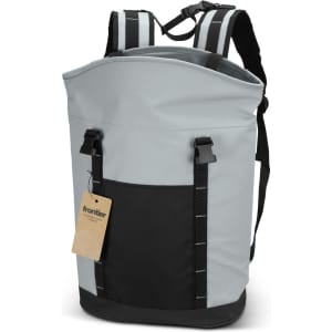 A grey and black cooler toting backpack with adjustable straps and a front pocket. It has a branding logo.