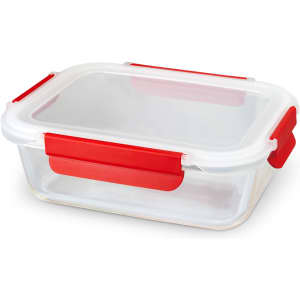 A clear glass lunch box with a red silicone lid and clips, featuring a rectangular design.