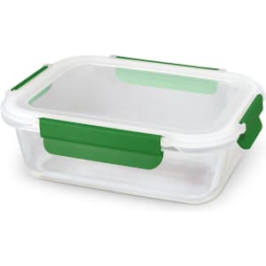 A glass lunch box with a clear body and green silicone clips, featuring a fitted lid for secure closure.