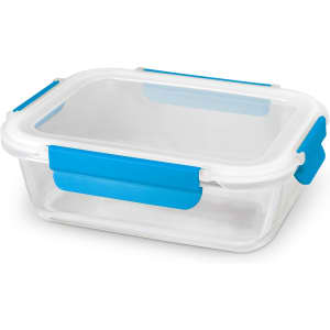 A transparent lunch box with a white lid and blue clips, suitable for food storage.