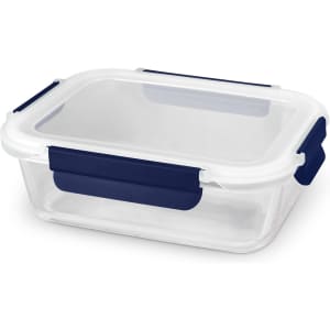 A clear glass lunch box with a white lid and navy blue clips for secure closure. Ideal for food storage.