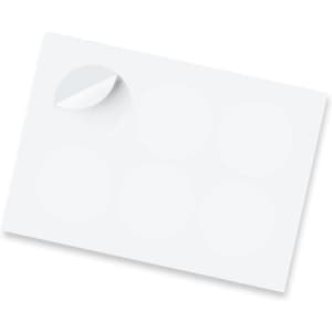 A sheet of glossy stickers featuring six 80mm circular blank stickers, with one corner slightly lifted.
