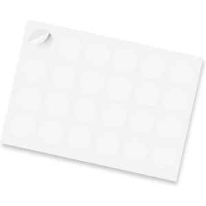 A sheet of glossy stickers featuring 44mm white circles, with one corner slightly peeled back.