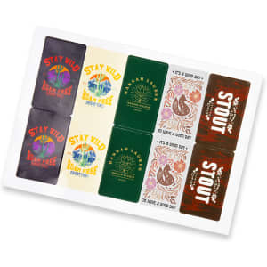 A rectangular sheet of glossy stickers featuring various colourful designs and logos in green, yellow, and red.