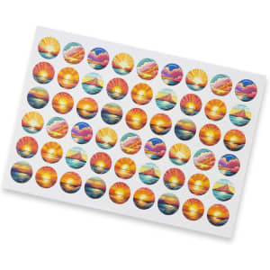 A sheet of 26mm circle stickers featuring sunset and landscape designs in vibrant colours.