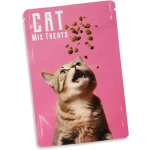 A foil stand-up pouch in pink, featuring a cat and cat treat graphics, with a logo on the front.