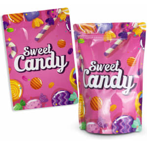 A medium foil stand-up pouch in a vibrant pink with colourful candy illustrations and a logo.