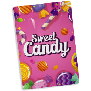 A medium foil stand-up pouch with a vibrant pink design featuring colourful candies and a logo.