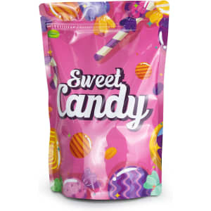 A medium pink foil stand-up pouch with colourful candy graphics and a logo. Ideal for packaging sweets.