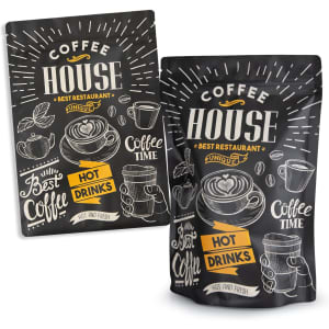 A large black foil stand-up pouch featuring coffee-themed illustrations and a logo.