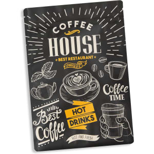A large black foil stand-up pouch featuring coffee-themed illustrations and a logo.