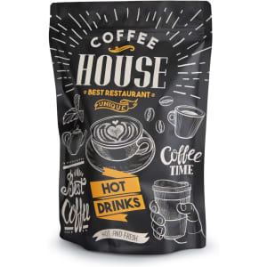 A large black foil stand-up pouch featuring coffee-themed graphics and a logo.