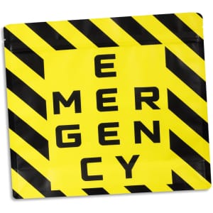 A large flat bottom pouch in yellow with black caution stripes and an emergency-themed design, featuring a logo.