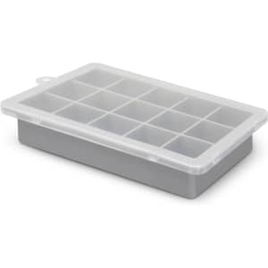 A grey ice tray with a clear lid, featuring twelve compartments for making ice cubes.