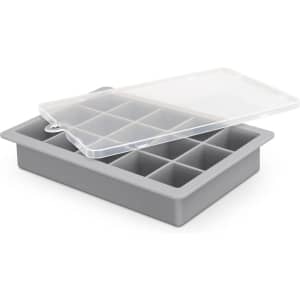 A grey ice tray with a clear lid featuring nine sections for ice cubes.